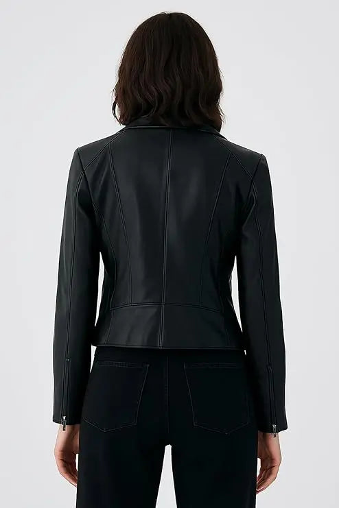 JS Genuine leather jacket women motorcycle Jacket – Lapel Collar, Front Zipper, Zippered Pocket & Cuff – Black women's jackets JS JacketStreet