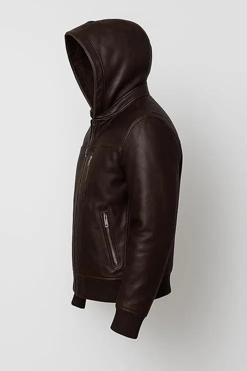 Premium Men's Brown Leather Bomber Jacket with Detachable Hood, Classic Style, Multiple Zippered Pockets JS JacketStreet