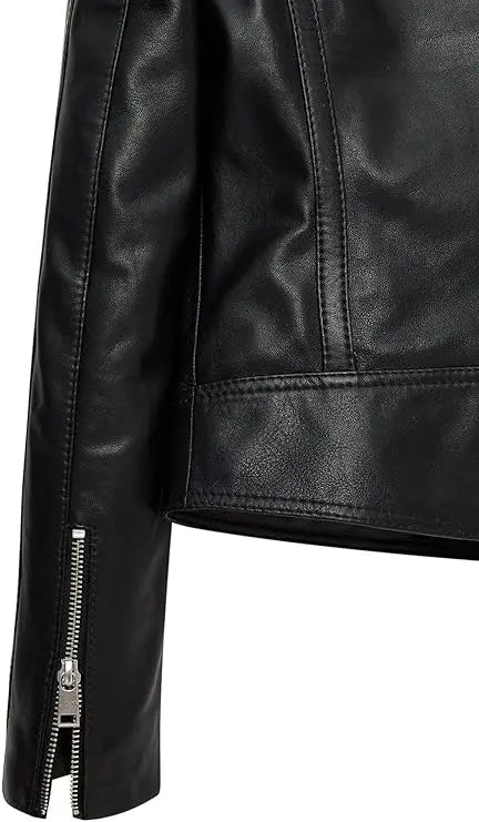 Women's Genuine Leather Biker Jacket – Slim Fit Black Moto Style with Zippered Pockets, Cropped Fit Real Leather Outerwear JS JacketStreet