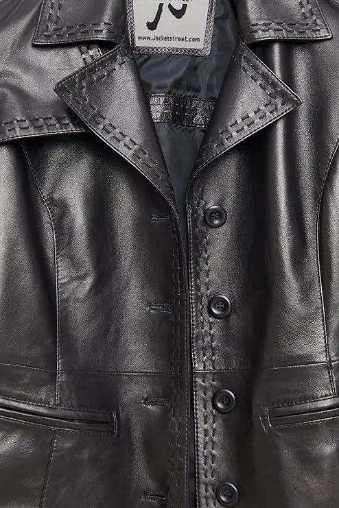 Women’s Genuine Leather Jacket – Leather Blazer with Notched Collar, Four Button Closure, Waist Pockets – Black Jacket Women JS JacketStreet