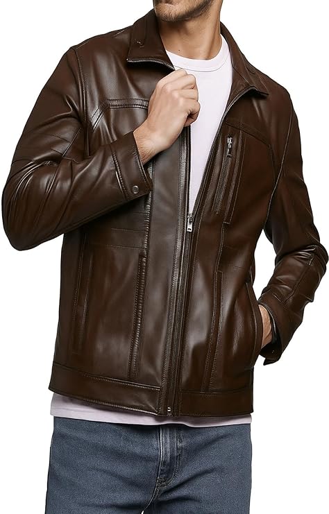 Men’s Brown Real Leather Biker Jacket – Slim Fit Motorcycle Outerwear
