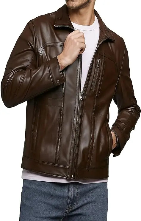 Men’s Brown Real Leather Biker Jacket – Slim Fit Motorcycle Outerwear JS JacketStreet