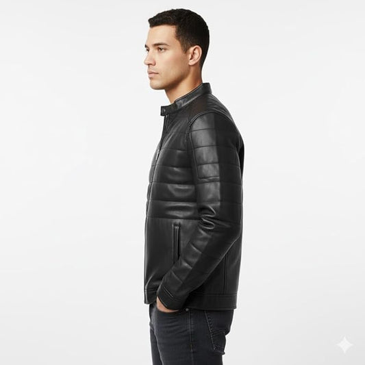 Men's Black Quilted Leather Jacket, Minimalist Bomber Style, Full Zip Casual Outerwear