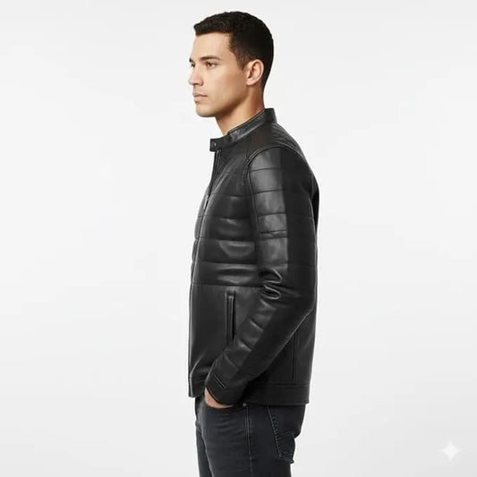 Men's Black Quilted Leather Jacket, Minimalist Bomber Style, Full Zip Casual Outerwear JS JacketStreet