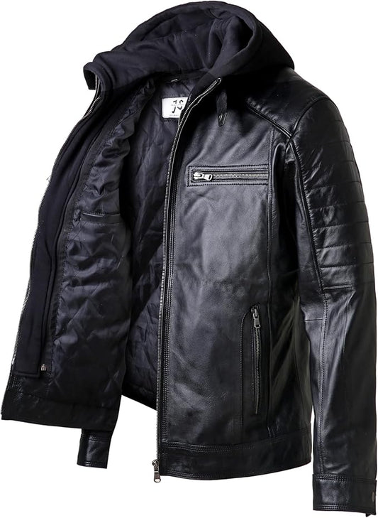 Men's Black Hooded Motorcycle Jacket, Premium Biker Outerwear with Multiple Zippers