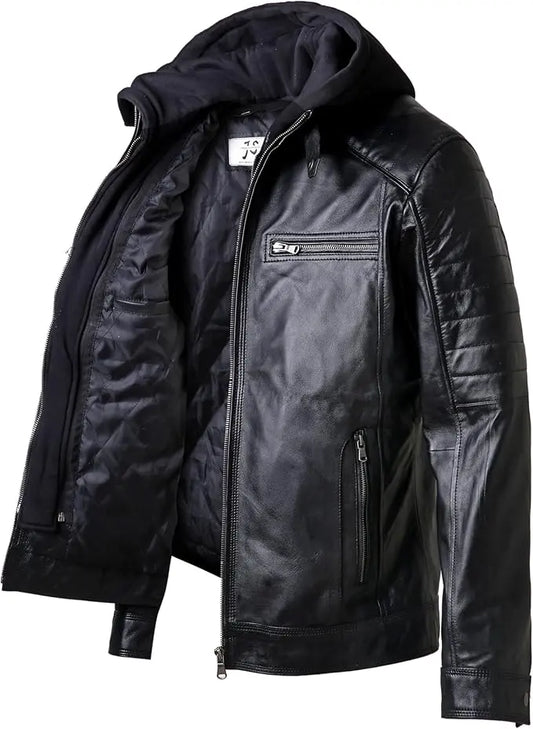 Men's Black Hooded Motorcycle Jacket, Premium Biker Outerwear with Multiple Zippers JS JacketStreet