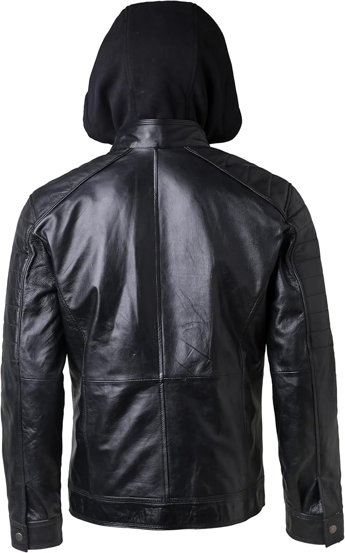 Men's Black Hooded Motorcycle Jacket, Premium Biker Outerwear with Multiple Zippers