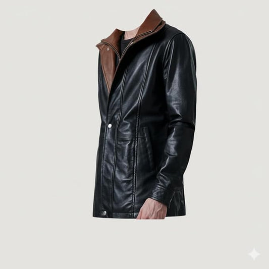 JS Jacket Street Men’s Black & Brown Dual-Tone Genuine Leather Long Jacket