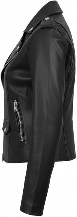 Classic Women's Black Leather Motorcycle Jacket, Quilted Design, Biker Style with Multiple Pockets