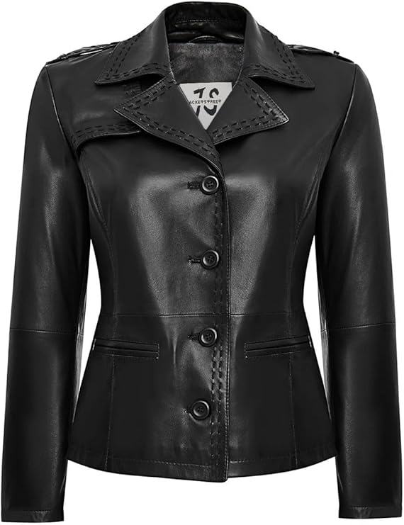 Women’s Genuine Leather Jacket – Leather Blazer with Notched Collar, Four Button Closure, Waist Pockets – Black Jacket Women