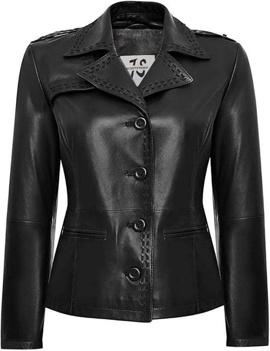 Women’s Genuine Leather Jacket – Leather Blazer with Notched Collar, Four Button Closure, Waist Pockets – Black Jacket Women