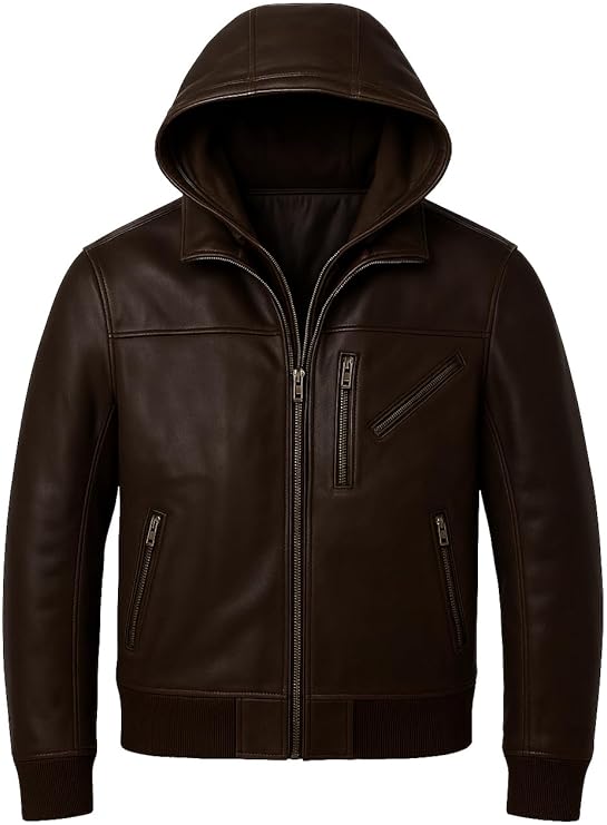 Premium Men's Brown Leather Bomber Jacket with Detachable Hood, Classic Style, Multiple Zippered Pockets