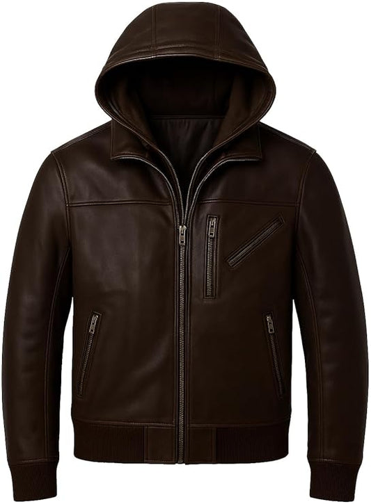 Premium Men's Brown Leather Bomber Jacket with Detachable Hood, Classic Style, Multiple Zippered Pockets