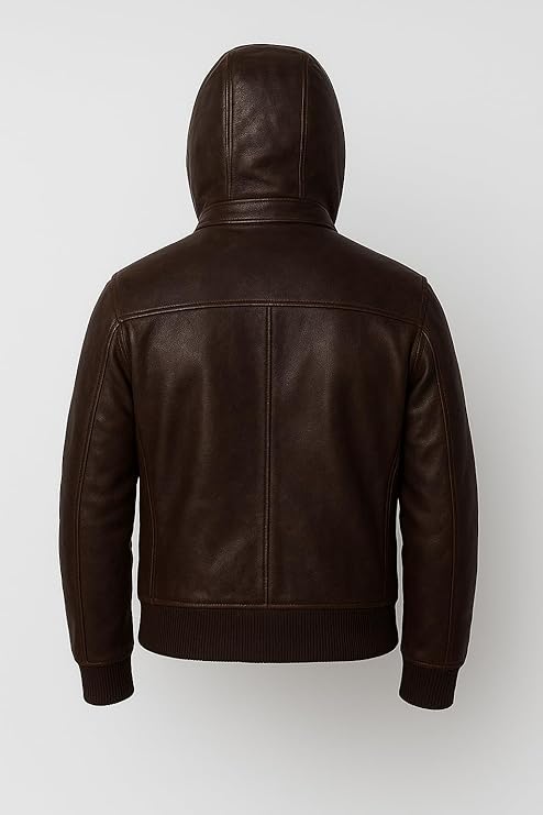 Premium Men's Brown Leather Bomber Jacket with Detachable Hood, Classic Style, Multiple Zippered Pockets