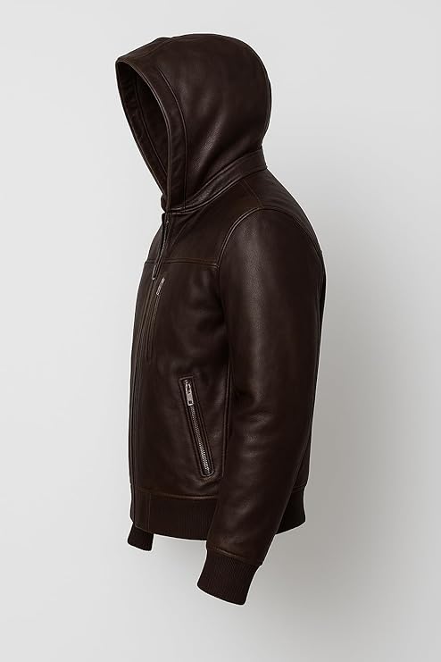 Premium Men's Brown Leather Bomber Jacket with Detachable Hood, Classic Style, Multiple Zippered Pockets