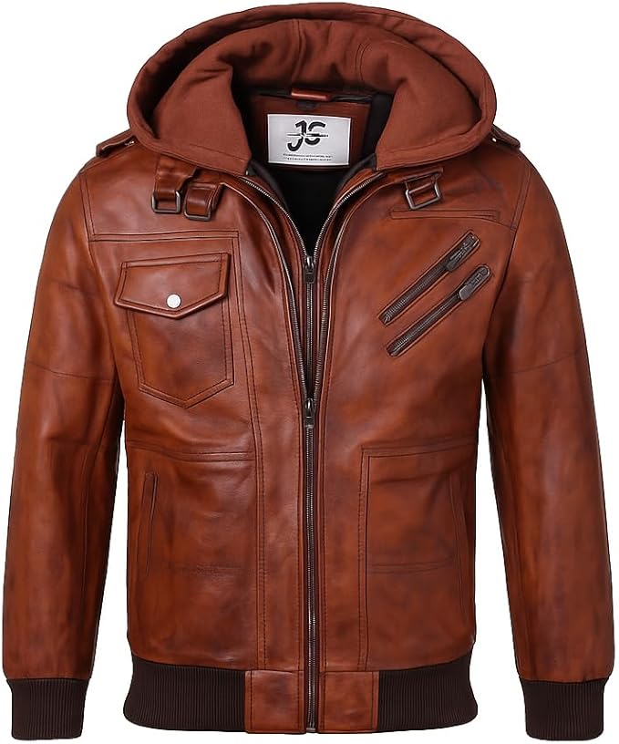 JacketStreet Men's Premium Brown Leather Bomber Jacket, Hooded Motorcycle Style with Quilted Interior, Ribbed Cuffs and Hem