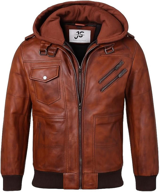 JacketStreet Men's Premium Brown Leather Bomber Jacket, Hooded Motorcycle Style with Quilted Interior, Ribbed Cuffs and Hem