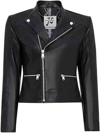 Women's Genuine Leather Biker Jacket – Slim Fit Black Moto Style with Zippered Pockets, Cropped Fit Real Leather Outerwear