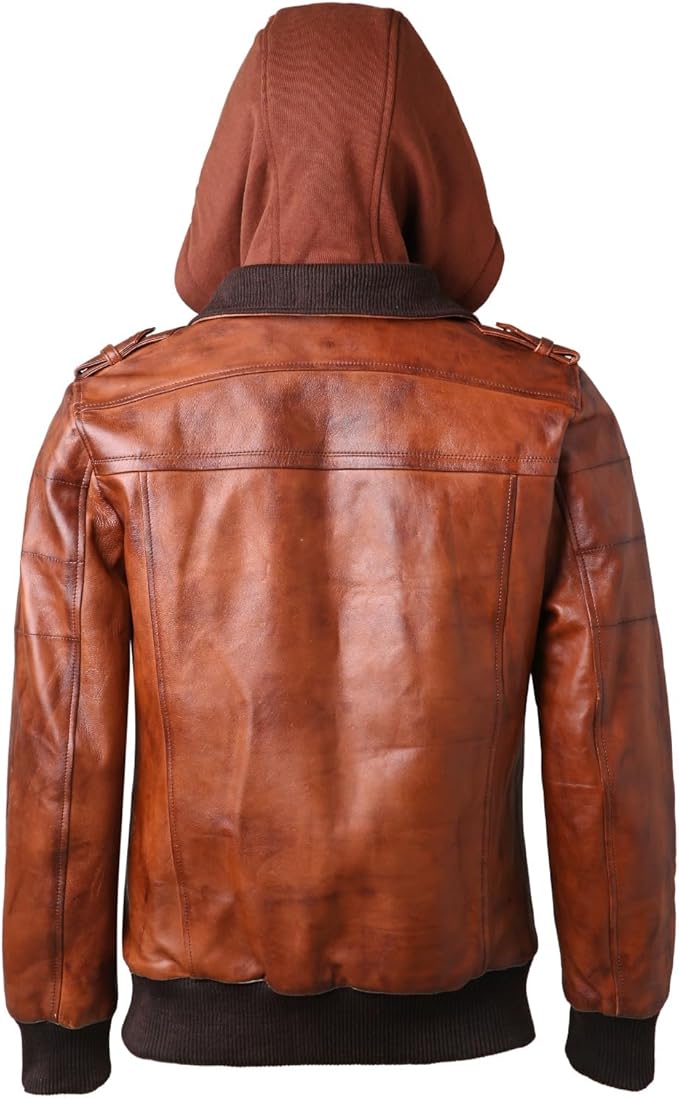 JacketStreet Men's Premium Brown Leather Bomber Jacket, Hooded Motorcycle Style with Quilted Interior, Ribbed Cuffs and Hem