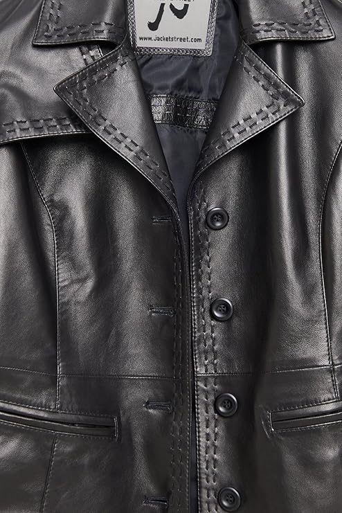 Women’s Genuine Leather Jacket – Leather Blazer with Notched Collar, Four Button Closure, Waist Pockets – Black Jacket Women