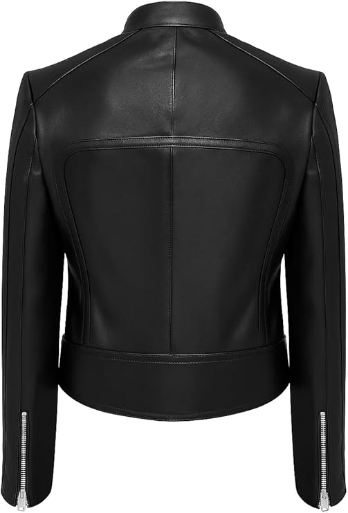 Women's Genuine Leather Biker Jacket – Slim Fit Black Moto Style with Zippered Pockets, Cropped Fit Real Leather Outerwear