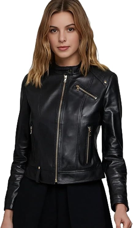 Women’s Genuine Leather Jacket – Stand Collar, Snap Button, Zippered Chest, Pockets & Closure – Black jacket women Slim Fit.