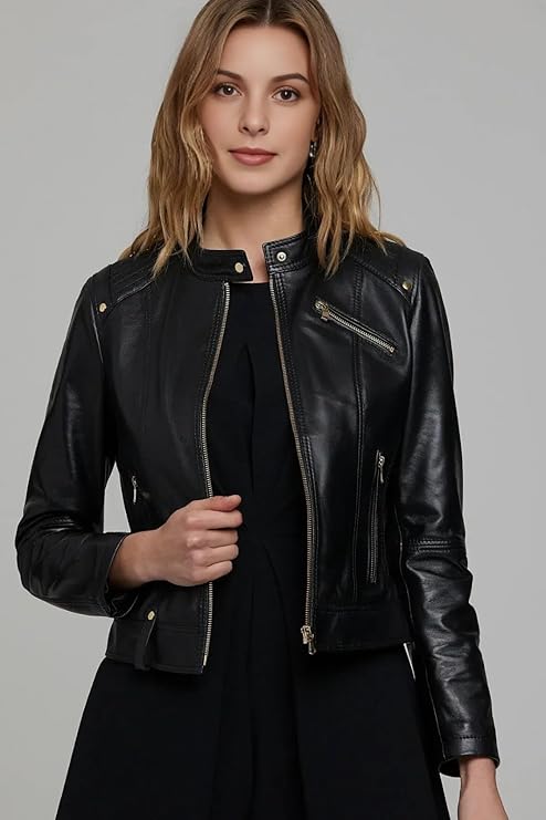 Women’s Genuine Leather Jacket – Stand Collar, Snap Button, Zippered Chest, Pockets & Closure – Black jacket women Slim Fit.