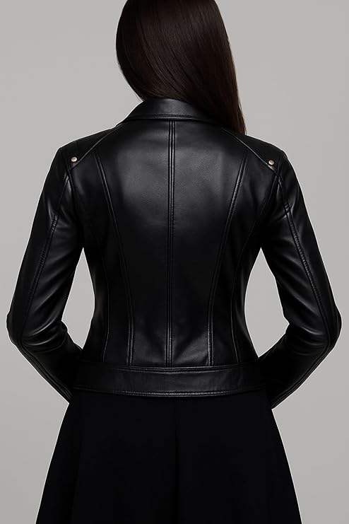 Women’s Genuine Leather Jacket – Stand Collar, Snap Button, Zippered Chest, Pockets & Closure – Black jacket women Slim Fit.