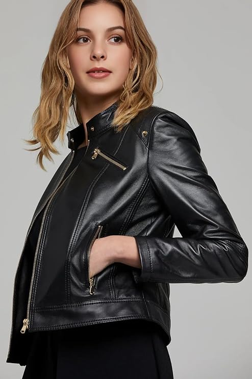 Women’s Genuine Leather Jacket – Stand Collar, Snap Button, Zippered Chest, Pockets & Closure – Black jacket women Slim Fit.