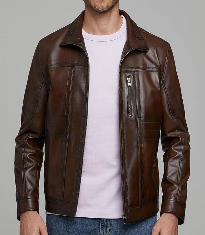 Men’s Brown Real Leather Biker Jacket – Slim Fit Motorcycle Outerwear