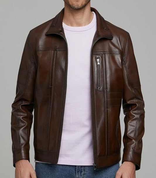 Men’s Brown Real Leather Biker Jacket – Slim Fit Motorcycle Outerwear