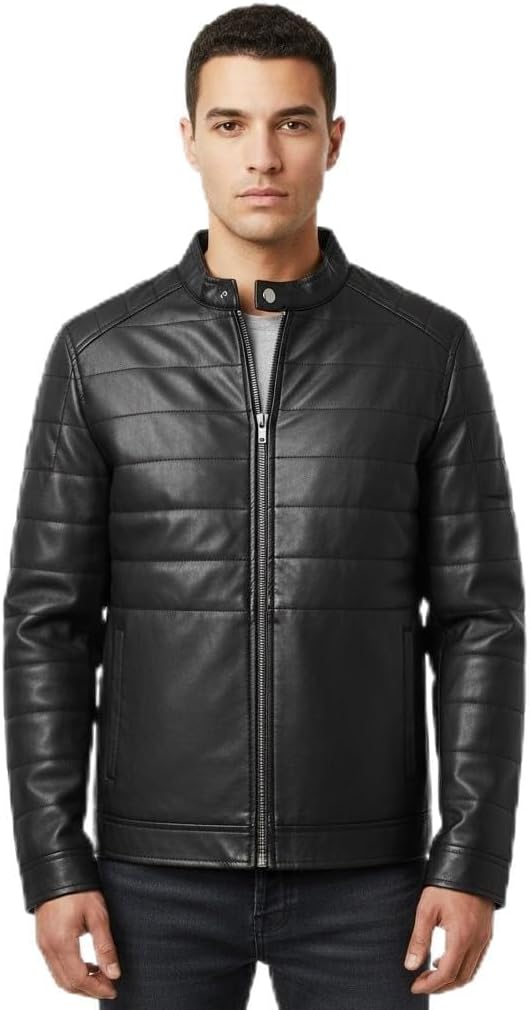 Men's Black Quilted Leather Jacket, Minimalist Bomber Style, Full Zip Casual Outerwear