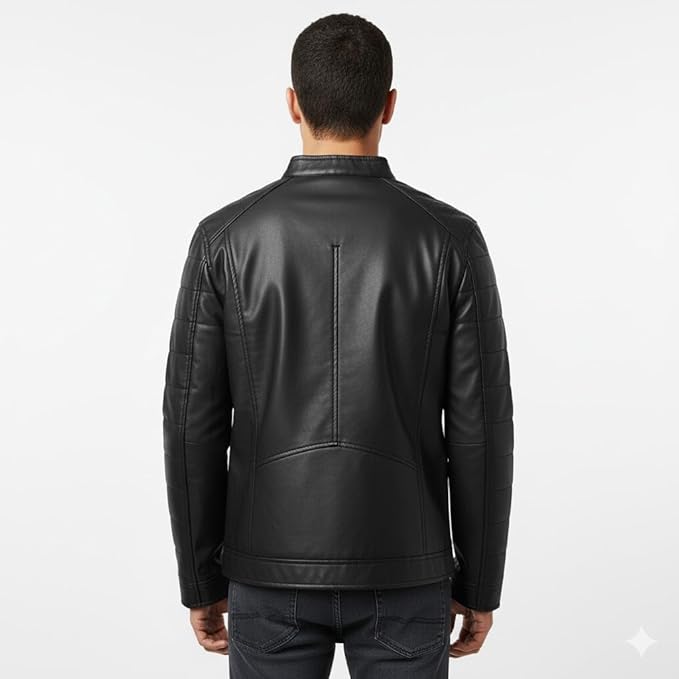 Men's Black Quilted Leather Jacket, Minimalist Bomber Style, Full Zip Casual Outerwear