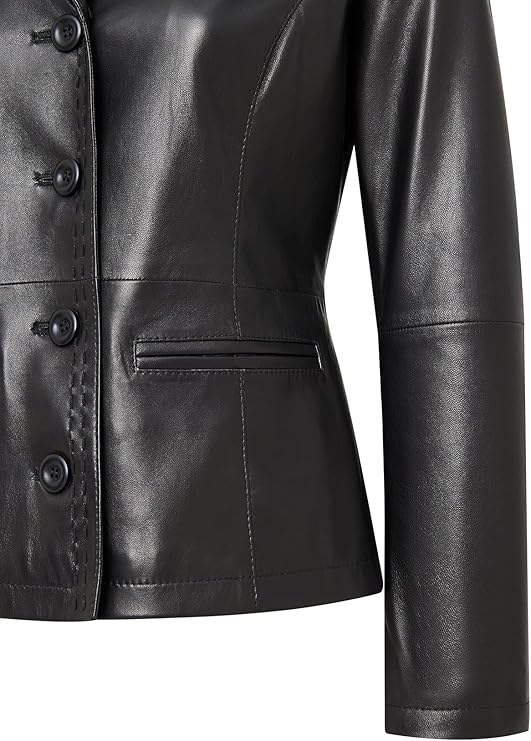 Women’s Genuine Leather Jacket – Leather Blazer with Notched Collar, Four Button Closure, Waist Pockets – Black Jacket Women