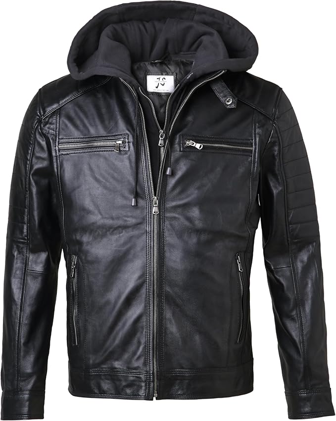 Men's Black Hooded Motorcycle Jacket, Premium Biker Outerwear with Multiple Zippers