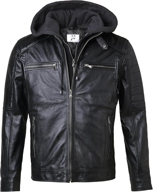Men's Black Hooded Motorcycle Jacket, Premium Biker Outerwear with Multiple Zippers