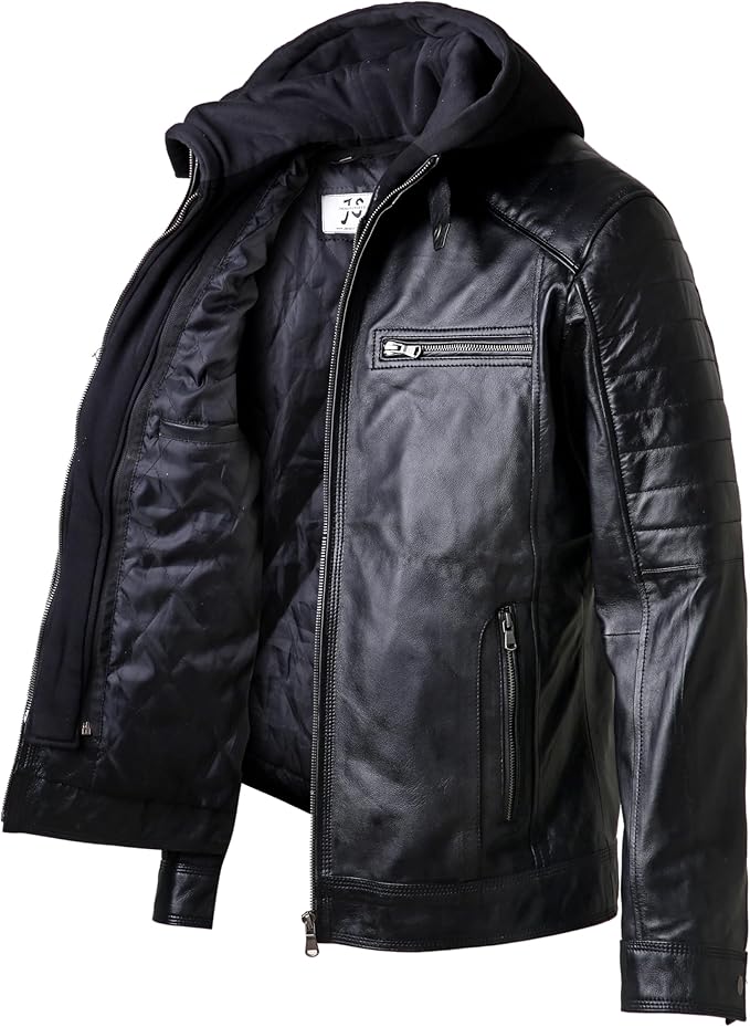 Men's Black Hooded Motorcycle Jacket, Premium Biker Outerwear with Multiple Zippers
