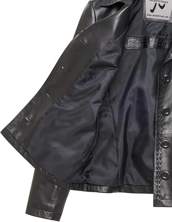 Women’s Genuine Leather Jacket – Leather Blazer with Notched Collar, Four Button Closure, Waist Pockets – Black Jacket Women