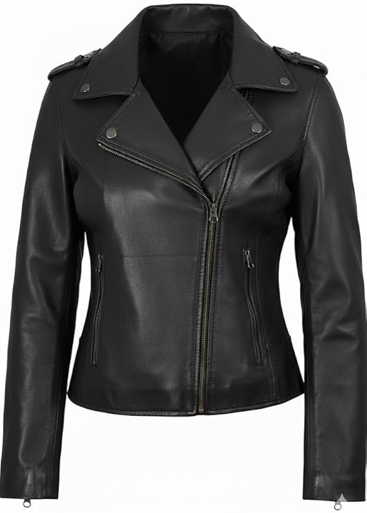 Classic Women's Black Leather Motorcycle Jacket, Quilted Design, Biker Style with Multiple Pockets