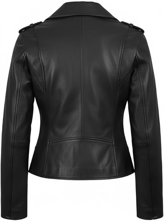 Classic Women's Black Leather Motorcycle Jacket, Quilted Design, Biker Style with Multiple Pockets