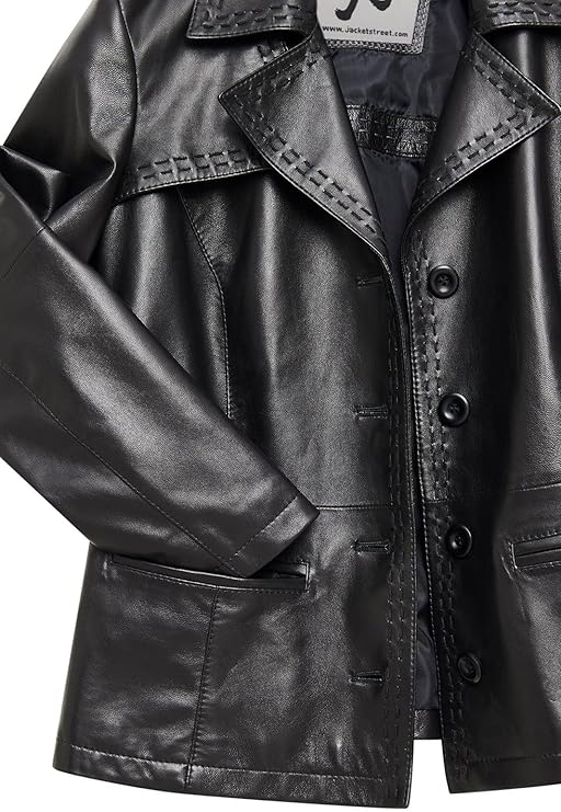 Women’s Genuine Leather Jacket – Leather Blazer with Notched Collar, Four Button Closure, Waist Pockets – Black Jacket Women