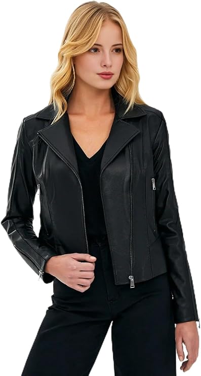 JS Genuine leather jacket women motorcycle Jacket – Lapel Collar, Front Zipper, Zippered Pocket & Cuff – Black women's jackets