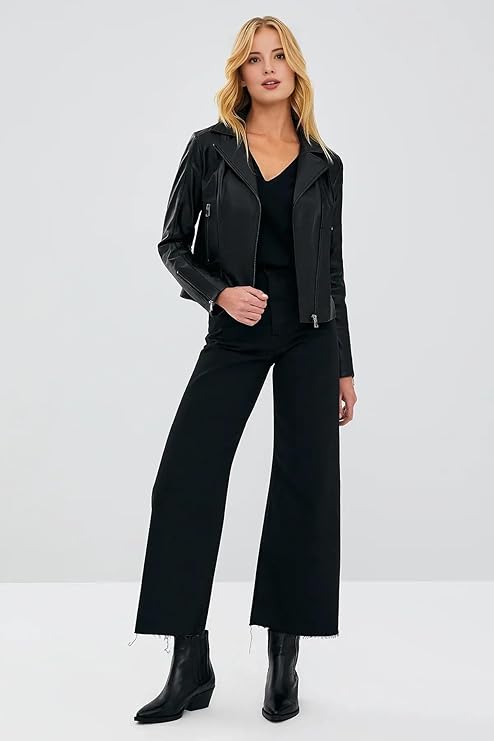 JS Genuine leather jacket women motorcycle Jacket – Lapel Collar, Front Zipper, Zippered Pocket & Cuff – Black women's jackets